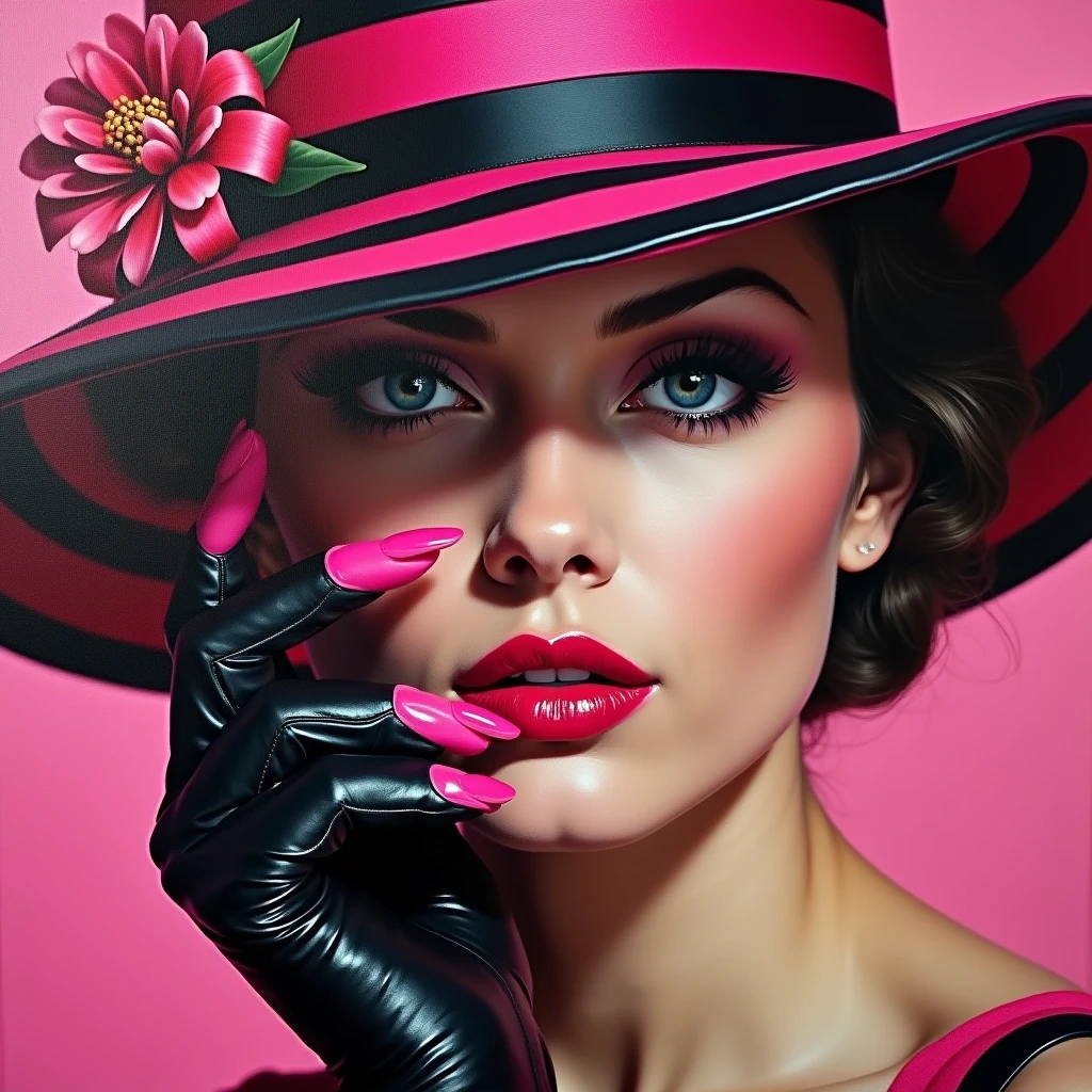 A captivating, vibrant oil painting of a woman's face with a striking emphasis on her bold, deep pink lips and nails. Her eyes are partially hidden by a stylish, pink and black striped hat adorned with a delicate flower. Her eyes peek out from the hat, exuding confidence. Pink and black leather gloves complete her bold ensemble, while her lips are framed with a precise black liner. The vivid color palette of pink, black, and white creates a striking contrast, making this painting a true work of art., painting, full body, physically-based rendering,professional,studio sunlighting,extreme detail description,nsfw,massif high saturate.varies,multi,etc. --v 6 --s 1000 --c 20 --q 500 --chaos 100