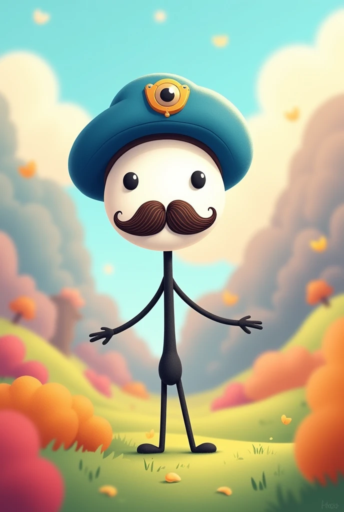 Make a stick figure with a white face and stick eyes and mouth with a blue beret with a symbol, brown mustache and beard