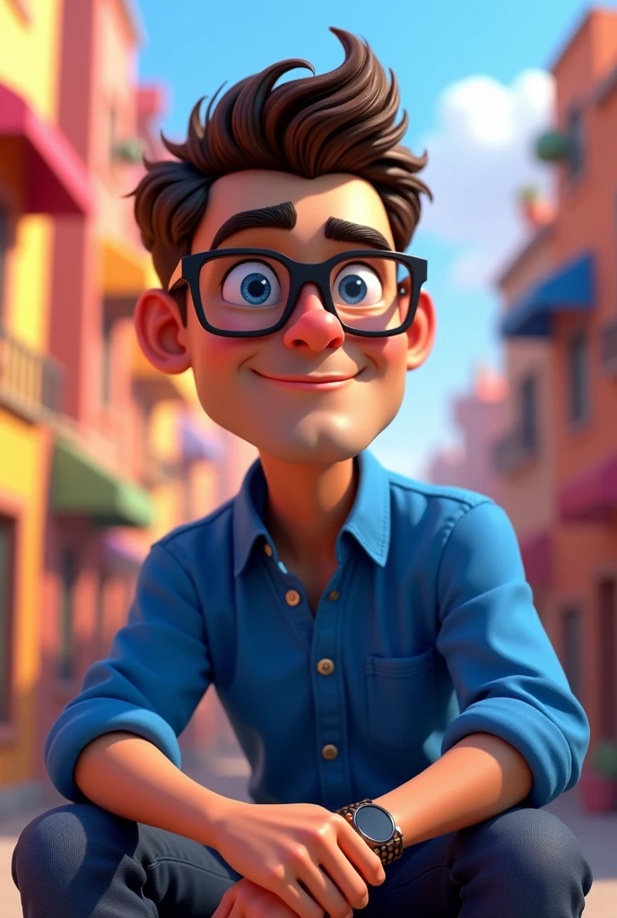 Cartoon character of a man in black glasses and blue shirt, an animated character, stylized character, animation style rendering, 3d stylized, Arnold Maya rendering, Stylized 3D rendering, toon render screenshot, 3d character, 3d character, Stylized 3D rendering, 3D character rendering, cartoon character, Personagem de close up, character posing, (Pixar-style) (master part:1.2) (bokeh) (best qualityer) (skin detailed) (detailed texture) (8k) (Argilla) (cinematic lighting) (sharp focus,Sit down and lift your upper body