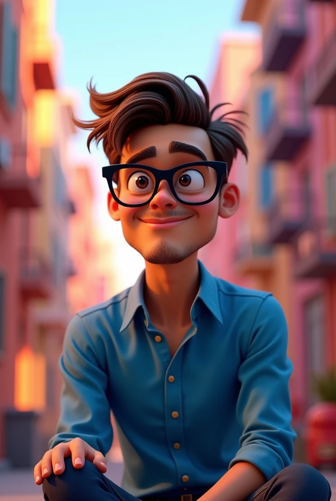 Cartoon character of a man in black glasses and blue shirt, an animated character, stylized character, animation style rendering, 3d stylized, Arnold Maya rendering, Stylized 3D rendering, toon render screenshot, 3d character, 3d character, Stylized 3D rendering, 3D character rendering, cartoon character, Personagem de close up, character posing, (Pixar-style) (master part:1.2) (bokeh) (best qualityer) (skin detailed) (detailed texture) (8k) (Argilla) (cinematic lighting) (sharp focus，Sit down and lift your upper body