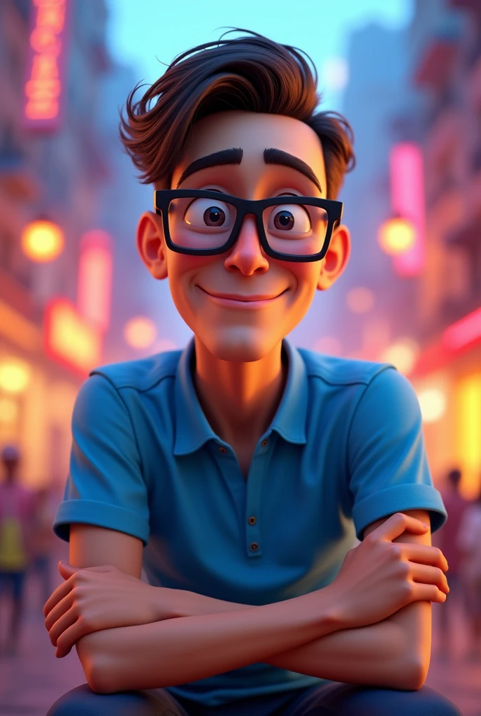 Cartoon character of a man in black glasses and blue shirt, an animated character, stylized character, animation style rendering, 3d stylized, Arnold Maya rendering, Stylized 3D rendering, toon render screenshot, 3d character, 3d character, Stylized 3D rendering, 3D character rendering, cartoon character, Personagem de close up, character posing, (Pixar-style) (master part:1.2) (bokeh) (best qualityer) (skin detailed) (detailed texture) (8k) (Argilla) (cinematic lighting) (sharp focus,Sit down and lift your upper body