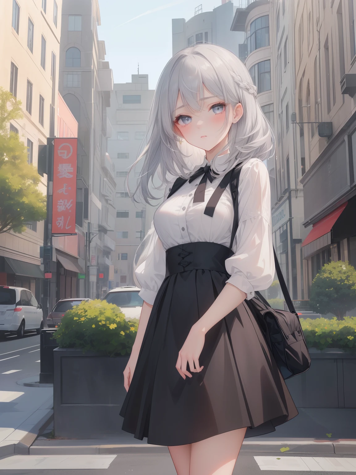 A pensive girl with striking grey eyes, grey hair, woman in a skirt and blouse standing on a street corner, standing in a city center, anime visual of a cute girl, cute anime waifu in a nice dress, an anime girl, young anime girl, (looking at viewer), A pensive girl with striking grey eyes, furrowed brow, intricate facial details,  highly detailed, 8K, masterpiece, emotional portrait