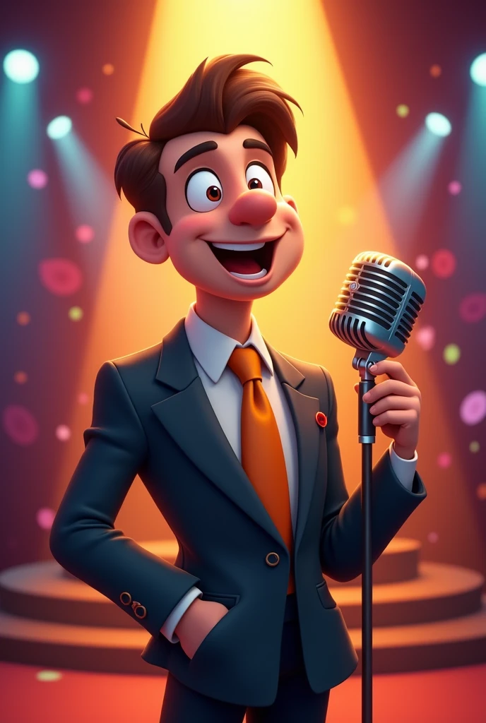 ANIMATED NARRATOR in suit and microphone
