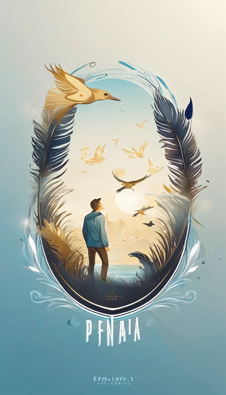 Create a professional, fantastic, cinematic dream-like logo design for a brand about music, stories, fantasy, memories and dreams called " Penamemoria". Masterpiece, 4k, sharp focus, highest quality,wide shot. The title is " Penamemoria". Is a brand about the creative, unique creative journey of a boy and a feather of memories. Minimalistic, simple, poetic, dreamy logo design at the center of the image. The Background image is a world full of feathers, unique birds, light blue sky, soft white and golden. Logo design of a unique, creative, masterpiece feather of memories