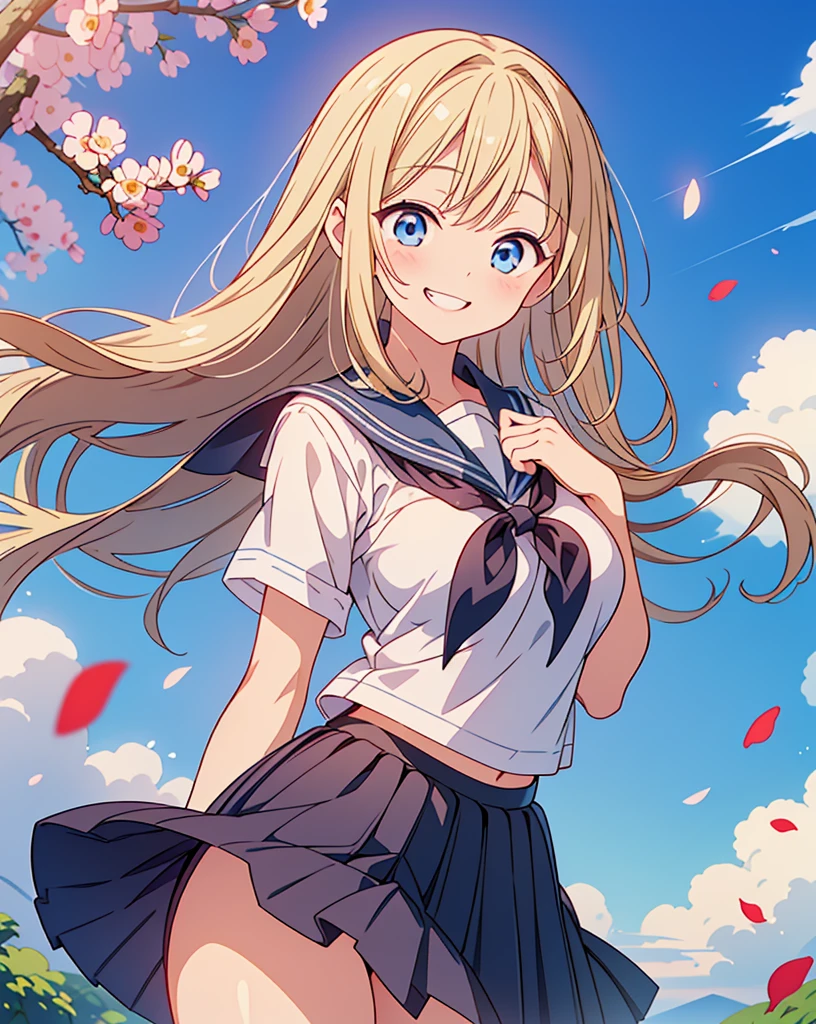 Highest quality, 32K, High resolution, masterpiece:1.5, A cute Japanese, Cute anime-style illustration, Rich emotional expression, An exceptionally beautiful face, , Perfect Human Anatomy, Big light blue eyes, Motherhood and generosity, Deep Love, Wake up, Expressing emotions, Have a rich imagination, Cute Japan, Perfect Human Anatomy, Magical big eyes, Motherhood and generosity, Deep Love, ((A mischievous smile:1.6)), Shiny Blonde, Super long straight silk hair swaying in the wind, Asymmetrical bangs, Hair between the eyes, Transparent, soft white skin, Sharp eyebrows, Thin lashes, Natural Makeup, Cheek highlighter, Detailed and cute lips, (Short-sleeved sailor uniform:1.3), ((Navy blue pleated skirt:1.2)), Slim figure with ample breasts, Beautifully detailed skies, ((Vibrant petal effect:1.2)), mysterious