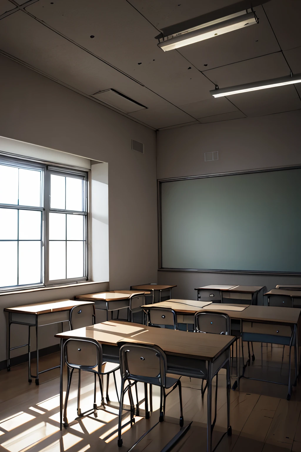 A simple and somewhat worn classroom, with empty white walls and no decoration. The portfolios are organized in a basic way, some of them with signs of use. The lighting is dim, giving the environment a dark feel. The students, All young people, are with serial or boring expressions, and a tense atmosphere permeates the space.