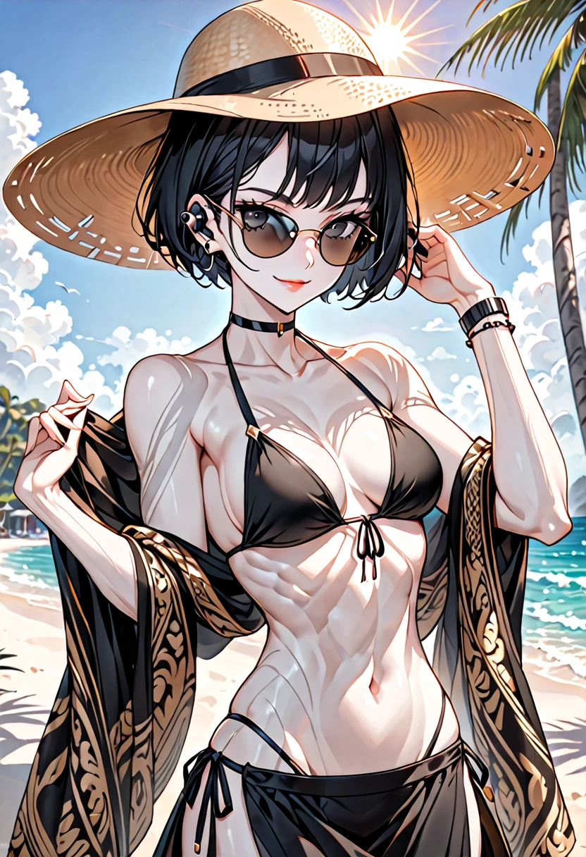 solo, female, tall, elegant, sunglasses, broad shoulders, pixie cut, black hair, pale skin, athletic, very tall, sober bikini, black clothes, small smile, luxurious beach, classy, professional, earpiece, muscular, cute pose, seams on skin, abs, shawl, sun hat, side-tie bikini skirt, pareo