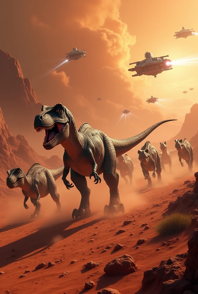 Dinosaur army fighting gray aliens on planet Mars