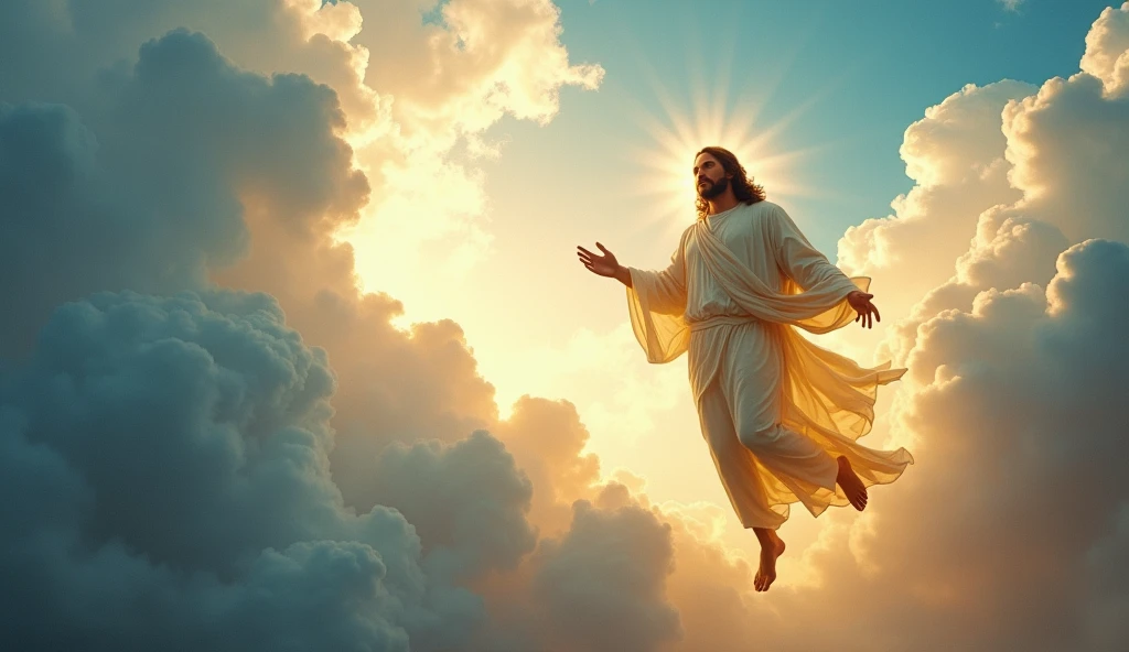 Jesus descending in the middle of the clouds, with an imposing appearance, with a heavenly radiance while the sky is open