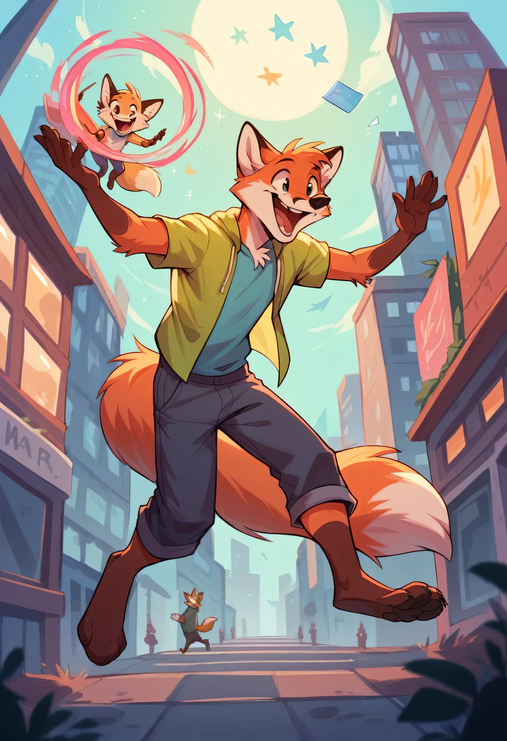 Magic, floating, fox, anthro, smiling, chuckle, laugh, high detail, vibrant, city background, wearing summer clothes, male
