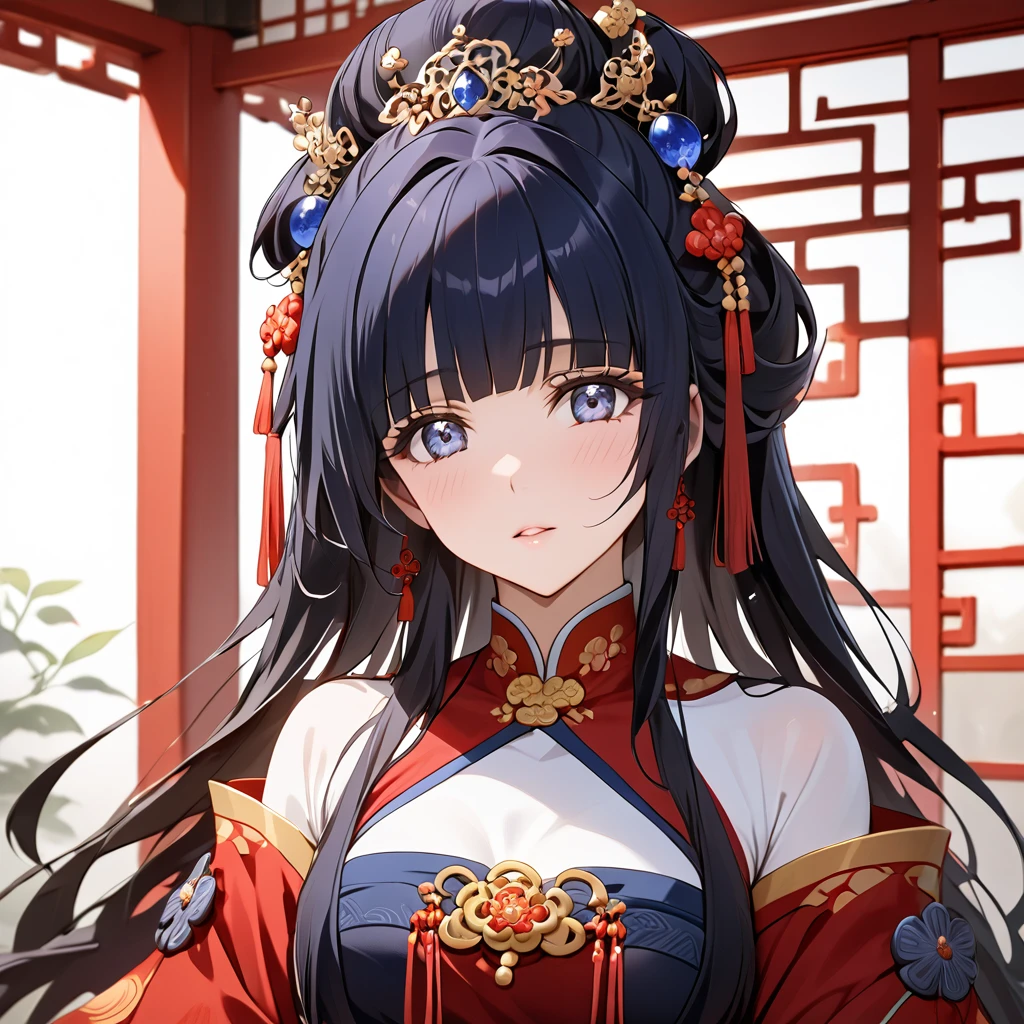 ((Highest quality)), ((masterpiece)), (detailed), （Perfect Face）、The woman is Aoki Reika, with midnight blue, medium-long hair, wearing the gorgeous red costume of an ancient Chinese empress and a gorgeous hair ornament.