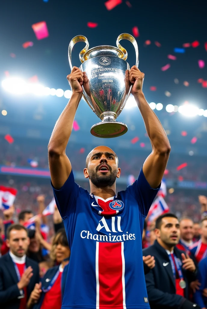 Footballer Vitinha in blue PSG 24/25 Jersey with red stripe in the Middle with white stripes at the left and right of the red stripe Lifting the UCL Trophy