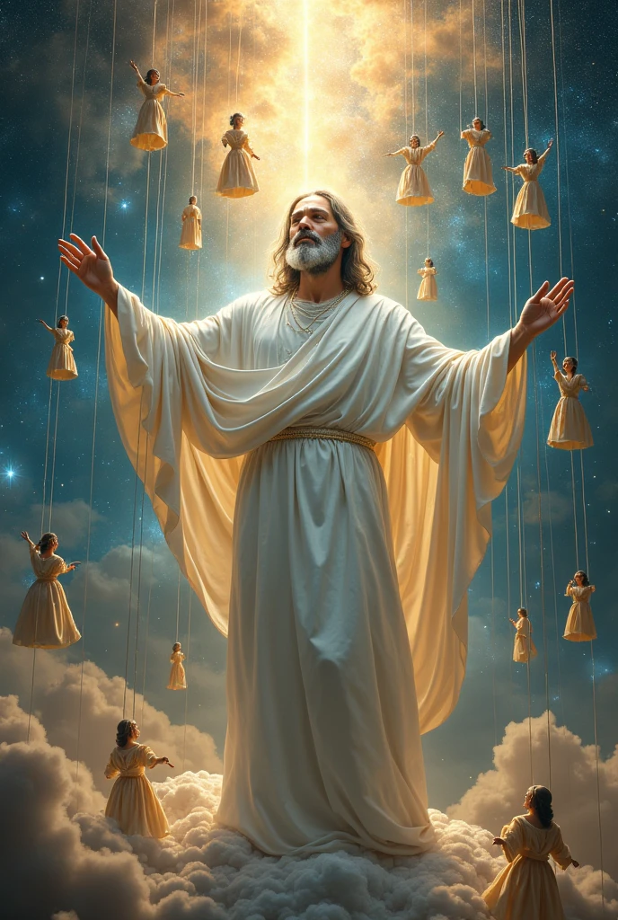 Je veux une image impressionnante de Dieu habillée dans une magnifique robe blanche et qui est en train de marionnettiser l'ensemble du monde. 