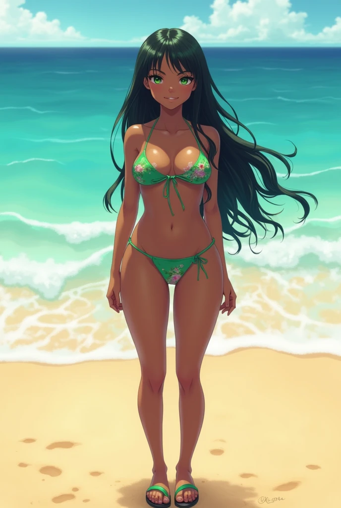 Make a picture of a 24 year old girl on the beach, with an extremely huge ass, dark-skinned but fair-skinned, with big tits, green eyes, anime, that their feet with sandals can be seen, without any type of clothing