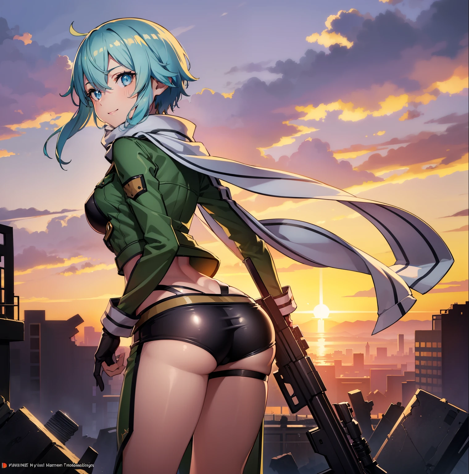 ((1girl)),((alone)),sinon asada, (Hatarsku maou sama),(masterpiece), (best quality), (ultra detailed), (best illustration), (best shadow), (absurdities), sharp focus, cowboy shot, atmospheric perspective, depth of field, dynamic posture looking at viewer, medium breasts, narrow waist, wide hips, wide thighs, round butt, erotic, romantic, (very detailed eyes, 1.1 lips), very detailed, eyes, Very detailed face, Very beautiful face, Symmetrical face, Aesthetic face, perfect face, perfect eyes, detailed eyelashes: 1.5), full height, beautiful slim figure, femininity, expressive appearance, elastic medium breasts, sexuality, half-open lips ,scarf, short hair, pale blue hair, indigo eyes, fingerless gloves, long sleeves, shorts, hair ornament, hair clip, green socks, green jacket, thigh strap, cowboy shot, gun, sniper rifle, ,curves, defined body,Perfect and beautiful body, perfect and beautiful, closed mouth, flirtatious expression, smile, blushing, (sexy pose: 1.2), ((solo)), standing: 1.3,((outdoor,flat,ruins, destroyed city, war field, grass, clouds, sunset)), looking back, from behind, ((focus on butt)), point of view: (from below), perfect anatomy, perfect hands