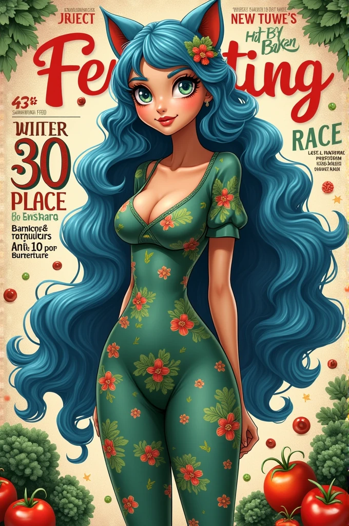 (best qualityer, work of art), Cover of a women&#39;s culinary magazine, , Kale, erotic, 18+, NSFW, 1 garota furry, 30 years old, splendid, cute, comforting smile, hourglass figure, text, diagrams, adverts, magazine title, long blue hair