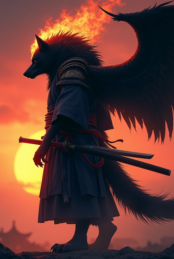 black werewolf,gigant ass , Profile, kamishimo, two katanas, black wings, back of head on fire.