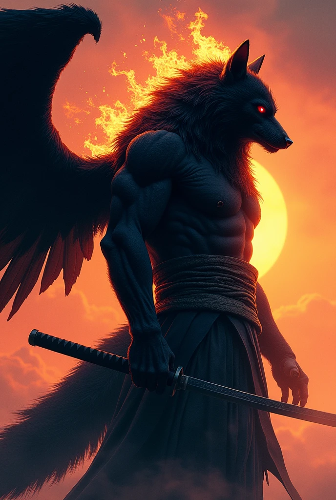 black werewolf,gigant ass , Profile, kamishimo, two katanas, black wings, back of head on fire.