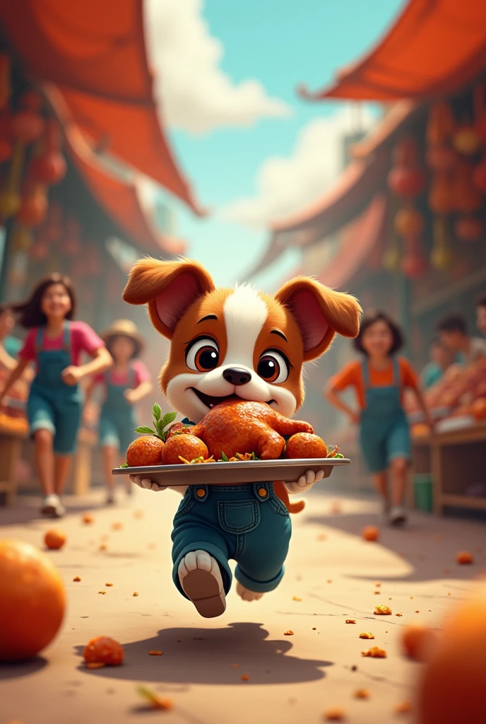 "prompt": "A brown and white puppy in denim overalls steals a tray of roast chicken and runs through the market. He looks shocked and runs for his life. Behind him, there are chicken vendors and other vendors chasing him. The wind effect is applied to the characters. Aspect ratio 9.:16. Create complete details.