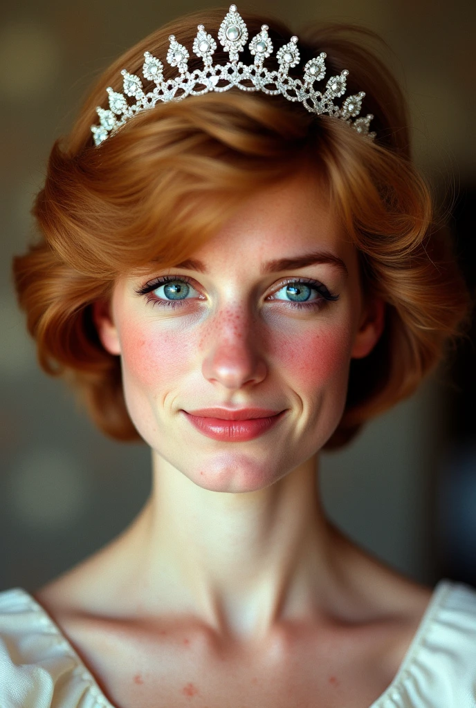 I want you to show me Lady Di with tiara, small nose, ginger hair, 19 years old and BLUE EYES (close up)