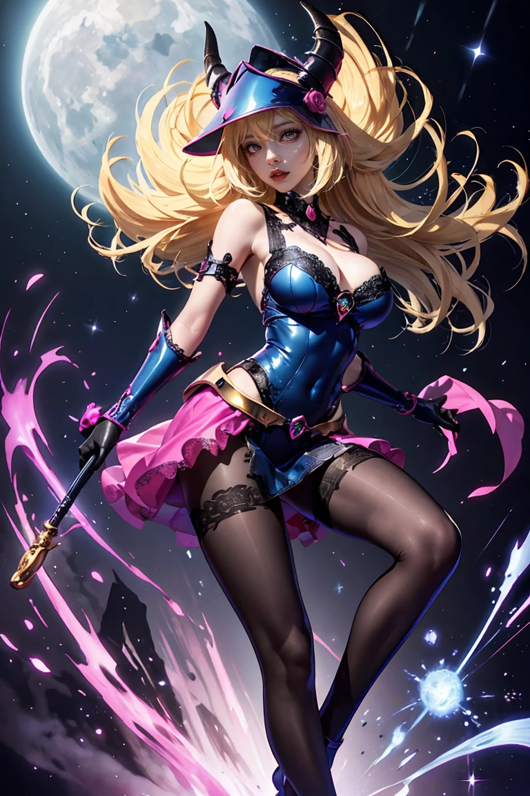 Beautiful dark mage (masterpiece: 1.2, Best Quality), (1, only), Big chest, (dynamic posture), (shiny skin, COughtson skin), COughtson skin, Sez version of the black magician demon girl, Redskin, Thin gloves and lace gloves, ( little demonic horns:1.1), (lilis \(dark stalker\)), (Skysky), Ought, (joya, golden ornaments:1.15 ), pelvis grande, blue (lace pantyhose:1.1) Black Magician Sensitive Demon Girl Version,being realistic ,。.3D,Magical fluctuations,magic matrix