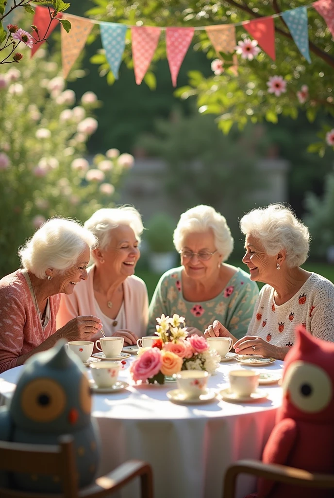 Create a picture of a grandma tea party with the owl grandma theme with young grandmas, elderly, white and black.