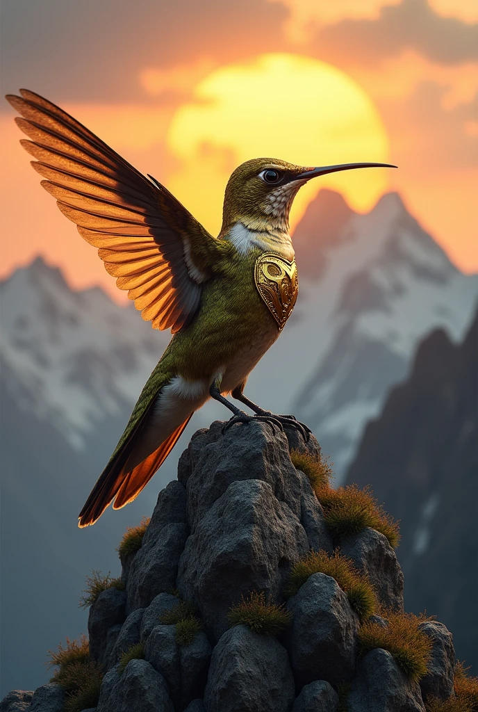((best qualityer)), ((work of art)), (detailded), a powerful hummingbird, dressed in golden armor, perched on top of a mountain, in an epic landscape at dusk. The hummingbird symbolizes strength, determination, excellence and unity, reflecting the values of Service, Thrive, To connect.