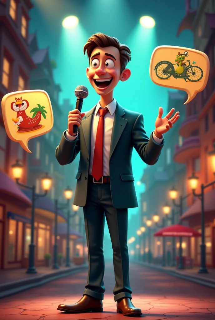 ANIMATED NARRATOR in suit and microphone