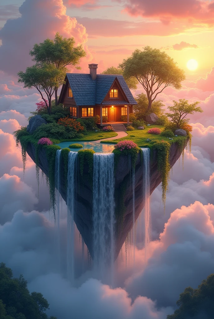 Serene Floating Island Paradise: A tranquil, floating island in the sky with cascading waterfalls, lush greenery, and a small, cozy cottage at the center. The island is surrounded by soft clouds and a vivid sunset."