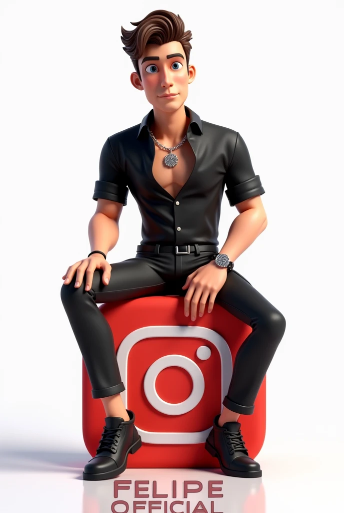 3D brunette character in black shirt and pants with silver necklace sitting on histagram icon White background with name felipe official