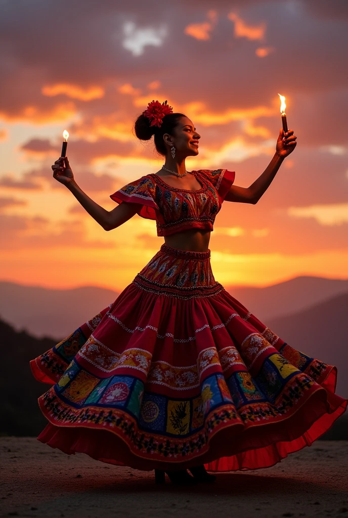 Cumbia dancer with candles in her hand facing the sunset and wearing a long skirt with representative drawings of the regions of Colombia