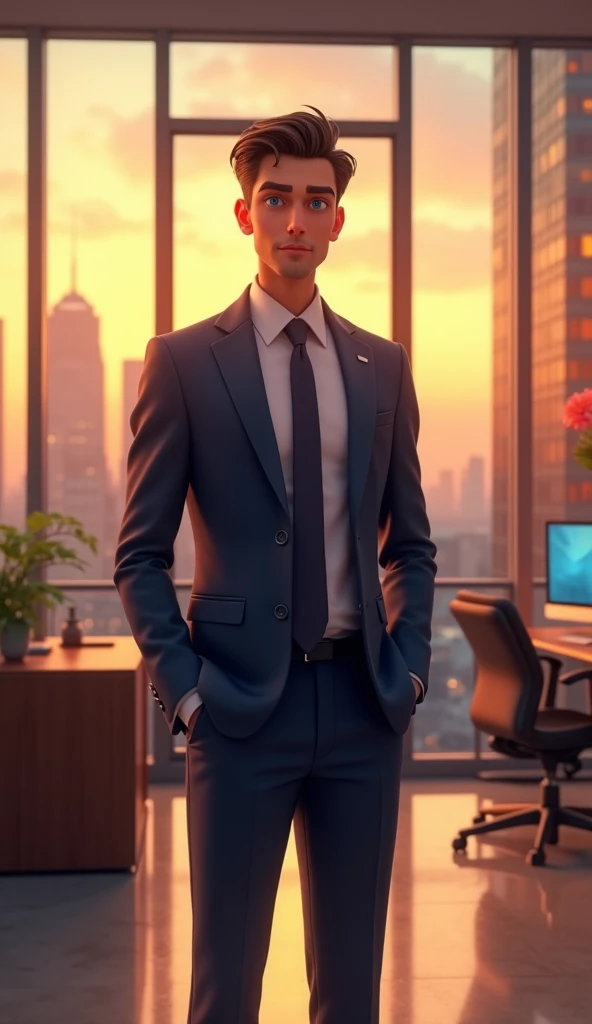 a confident handsome businessman at a firm, pixar style, cinematic,masterpiece, high-aesthetic, realistic