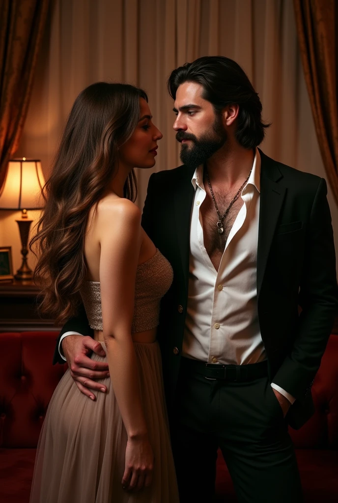 A beautiful woman with long brown hair and completely naked next to a man in a suit and a beard and lots of hair on his chest and his white shirt unbuttoned