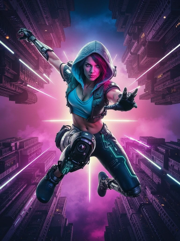 a portrait of a bionic woman, jumping from heights, cyberpunk style, hood, neon lights, high-tech clothing, 