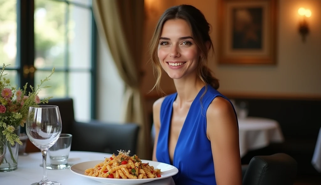 White woman sitting at table in restaurant, plate of pasta looking toward camera, wearing royal blue dress, smiling, perfect face, portrait Sophie Mudd, beautiful and attractive face, Beautiful model girl, beautiful face attractive, brown hair, brown eyes, natural soft pale skin, beautiful delicate face, Beautiful model girl, beautiful perfect face, subtle makeup, beautiful fine facial feature