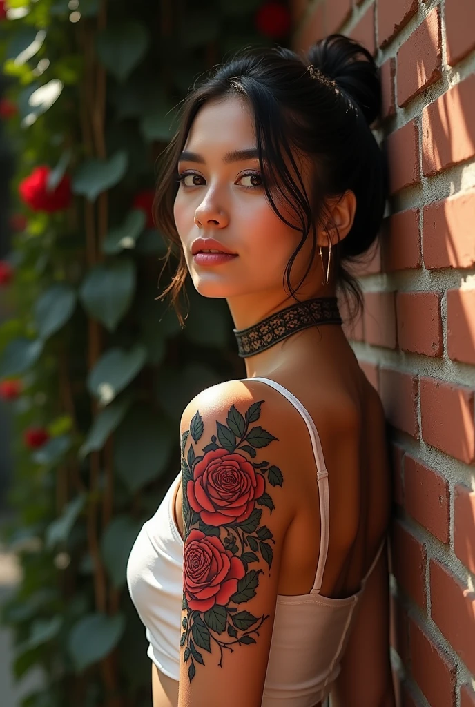High quality, realistic 3d image. A young and beautiful girl, slightly dark skin tone, with long black hair, a completely tattooed body and the tattoo represents a human skeleton. The background of the tattoo is black and the skeleton is white. Her face is completely tattooed and represents a Mexican Catrina. Green eyes and red lips. The girl is looking at the camera and smiling. Around the girl there are red roses. The background of the image represents a holiday, Halloween style, it is at night. The moonlight illuminates the girl's body.