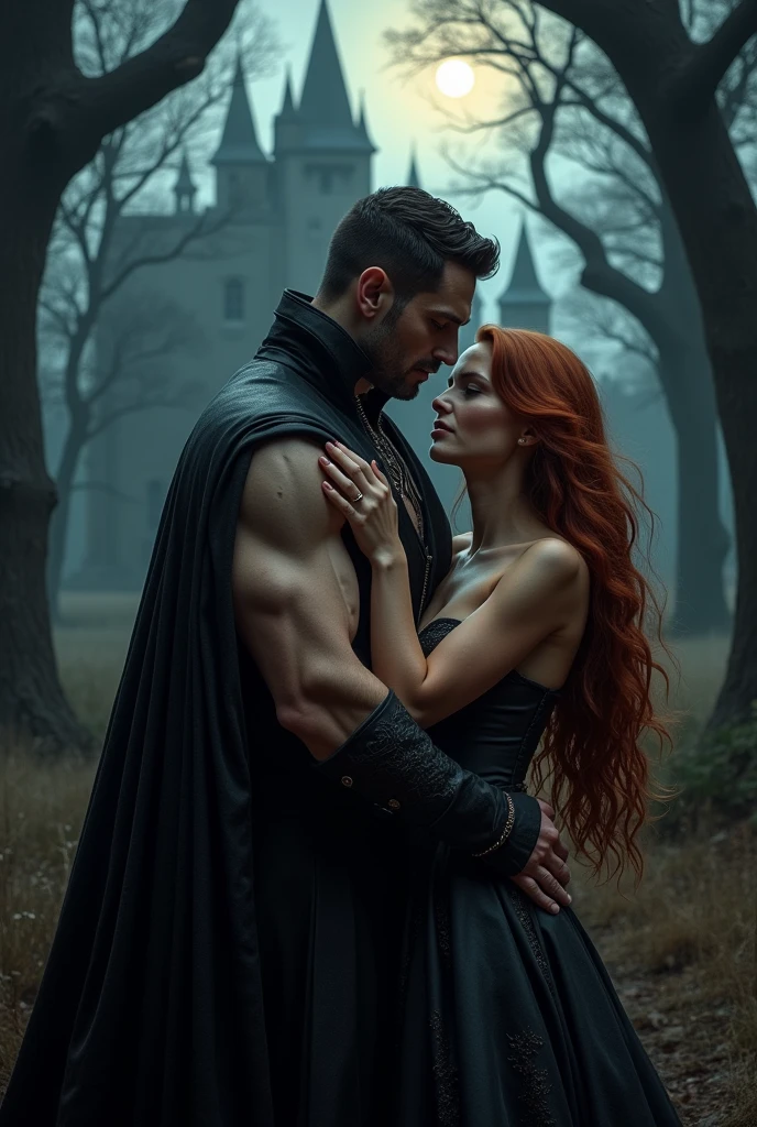 Muscular Dracula and a woman hugging him