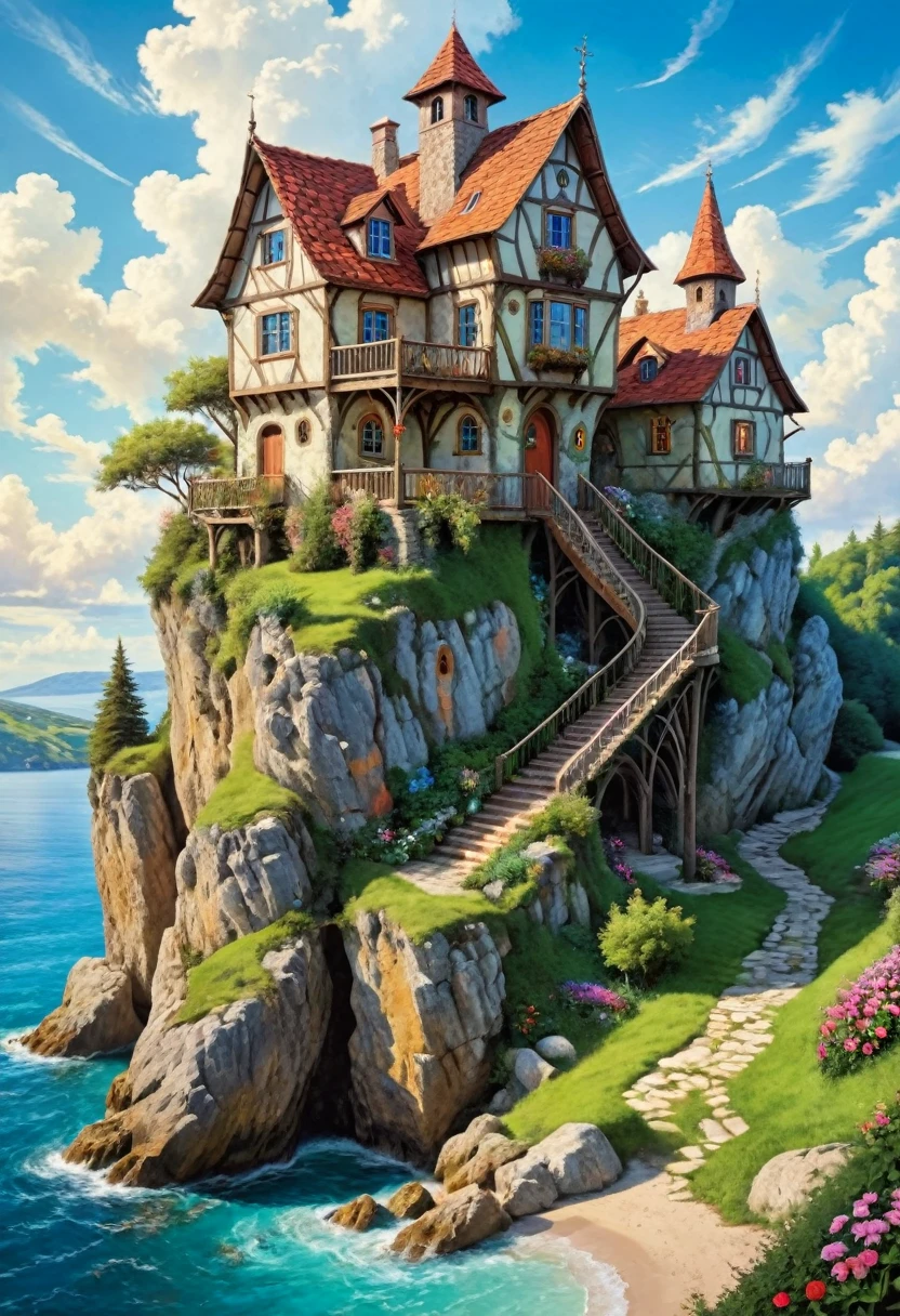 Vibrant, detailed digital painting of a whimsical, multi-story house perched on a rocky cliff. The house features a mix of wooden and stone elements, with steep, red-tiled roofs and multiple chimneys. The structure is surrounded by lush greenery, including trees, bushes, and colorful flowers, creating a lively and enchanting atmosphere. The sky is filled with fluffy, white clouds against a bright blue backdrop, adding to the overall cheerful and magical feel of the scene. The painting is rich in color and texture, with intricate details that bring the fantasy setting to life.