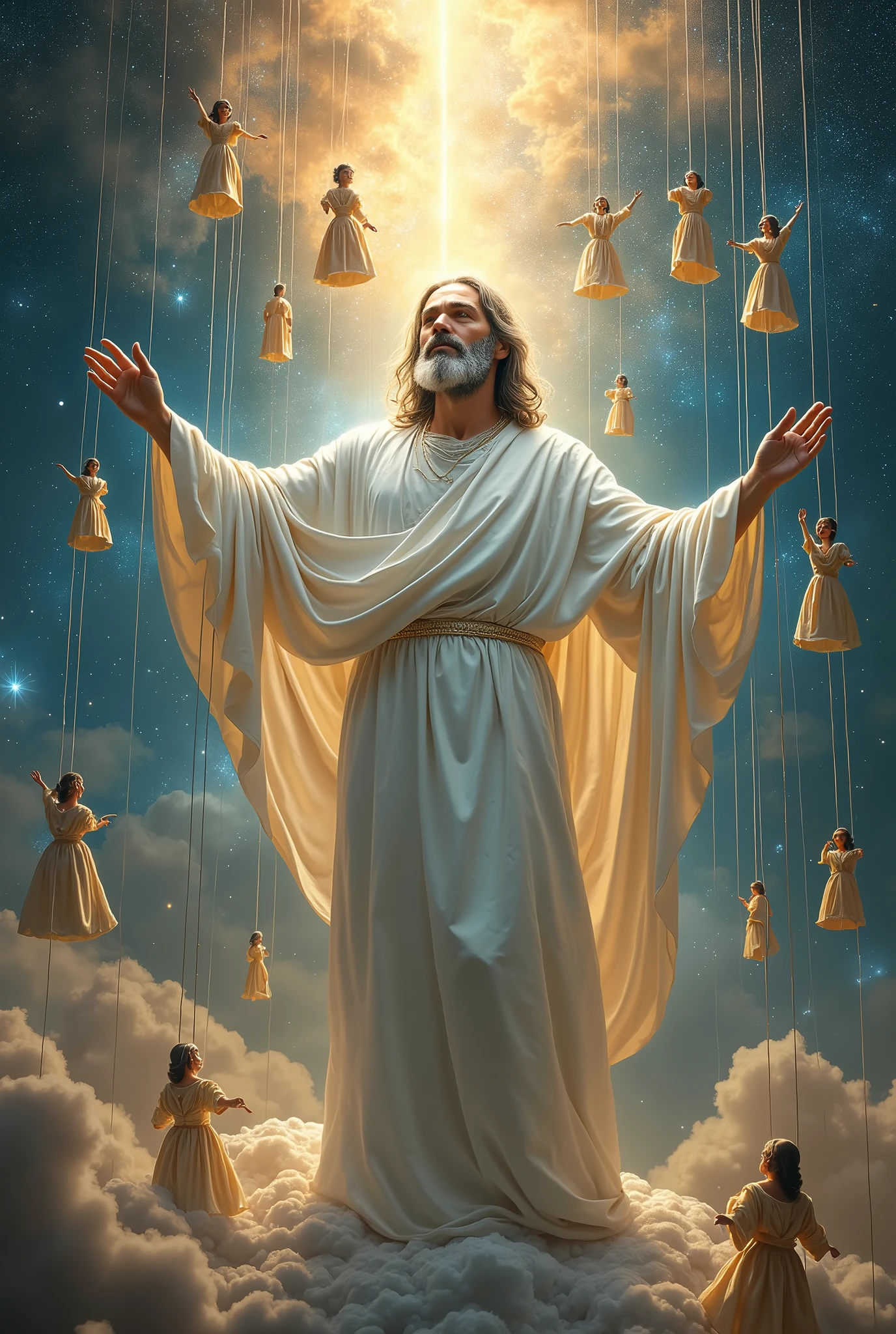 Je veux une image impressionnante de Dieu habillée dans une magnifique robe blanche et qui est en train de marionnettiser l'ensemble du monde.