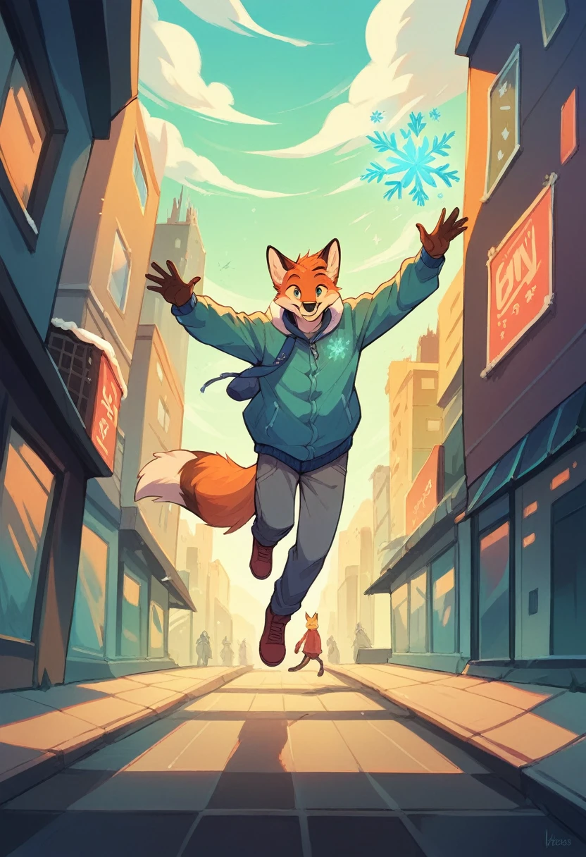 Magic, floating, fox, anthro, smiling, cool, high detail, vibrant, city background, wearing winter clothes, male