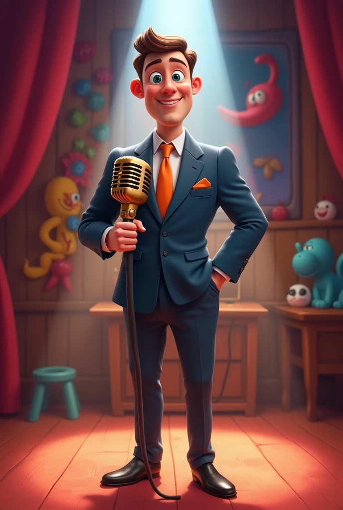ANIMATED NARRATOR in suit and microphone