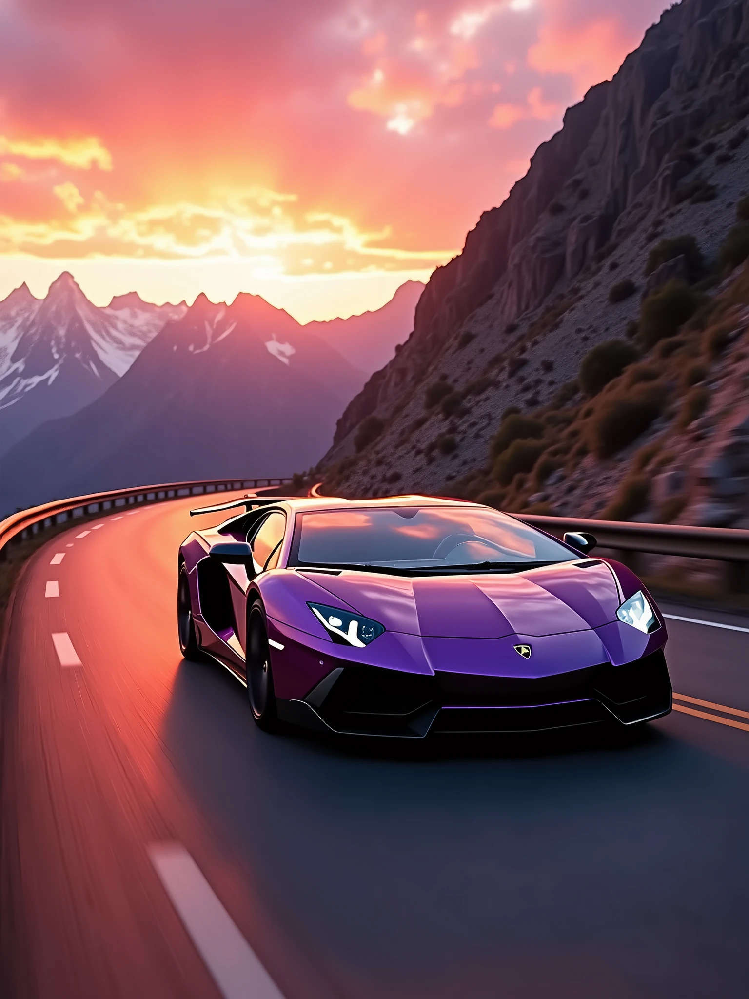 Capture the essence of speed and luxury with a Lamborghini Aventador racing through a winding mountain road at dusk. Showcase its (sleek:1.3) and (aerodynamic:1.2) silhouette, (striking:1.1) angular design, and (glossy:1.1) paint. Illuminate the scene with vibrant colors and dynamic lighting to convey a sense of exhilaration.