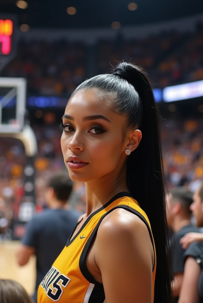 (photorealism:1.2), beautiful woman, young, 18 years old, college freshman, looks like Brittney Renner, dark eye shadow, voluminous lips, straight black hair in ponytail, in a basketball game