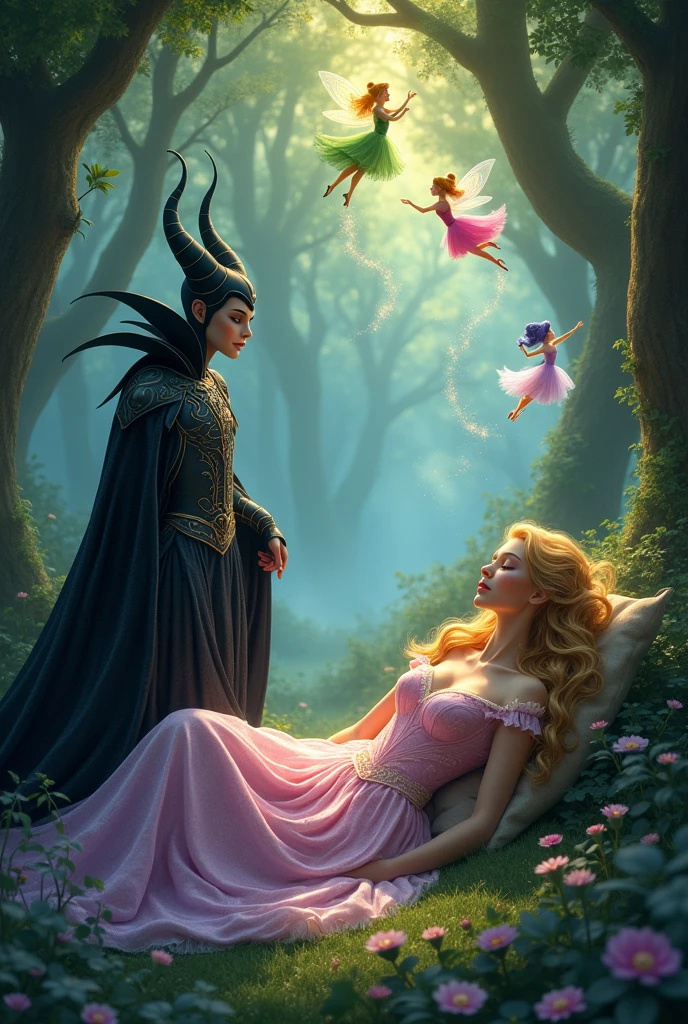 Create an image where a princess appears as sleeping beauty ,a prince a witch like melefica and 3 animated fairies