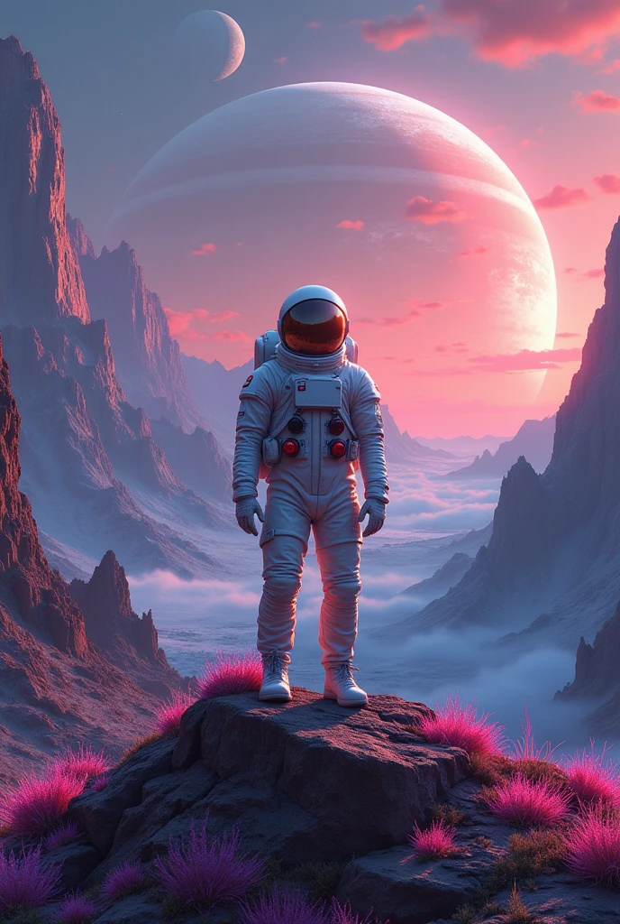 Astronaut Exploring an Alien Planet: An astronaut standing on the surface of a distant, alien planet, gazing at a sky filled with multiple moons and a massive, ringed planet. The landscape is otherworldly, with strange rock formations and glowing, bioluminescent flora."