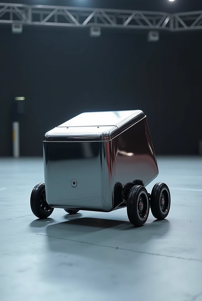 generate a box that has a metallic appearance, that has two rear wheels, only with two rear wheels, without front wheel. It has to be a sumobot. The wheels should be smaller, It should only have two rear wheels, the front is supported directly on the ground. It has to be a box, pero only with two rear wheels, the front of the box touches the ground, It should only have two rear wheels, It only has 2 rear wheels
