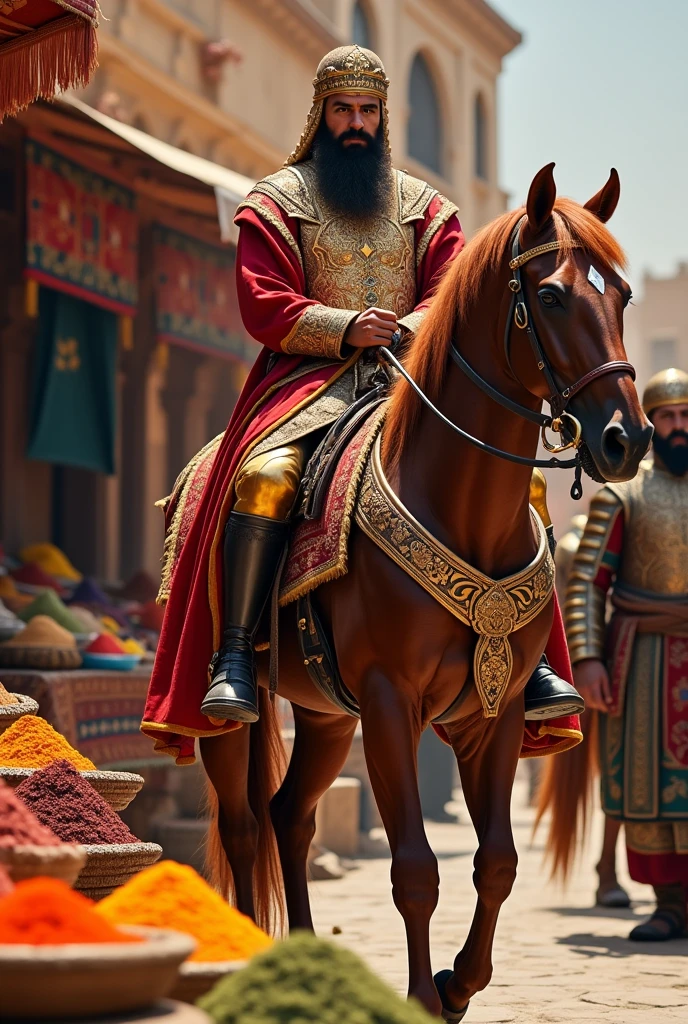 Create an image of a Persian man riding a royal horse in royal robes, in front of the horse a Persian general, add the market with spices and a Persian carpet in the background.