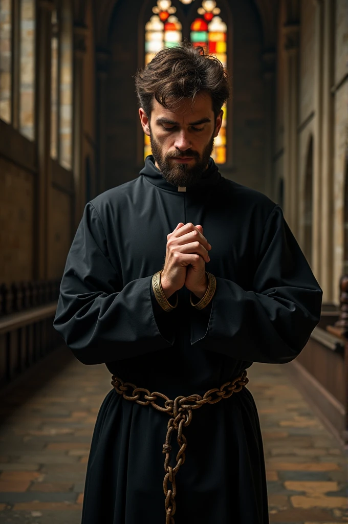 Catholic holy man, standing, with hands tied with shackles, black tunic, short chocolate hair and hands on chest