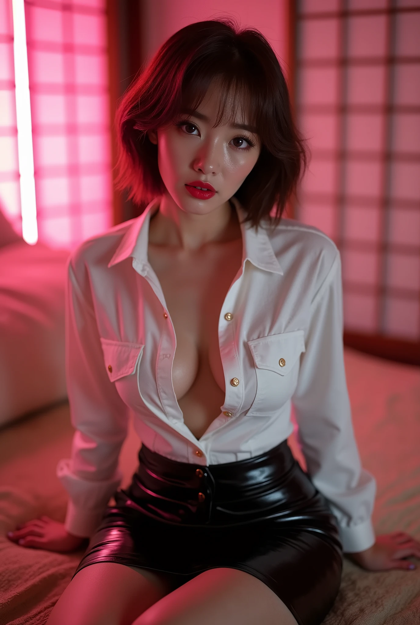 ((Taiwanese sexy idol)) 35 talents ((Plump, bright red lips with lipstick)) round face Heavy makeup Big Breasts Plump Brown hair short hair ((Looking into the camera)) Sit with your legs apart ((White button-up shirt with black patent leather tight skirt and black stockings)) Skin and chest drenched in sweat (Sit on the futon with your legs spread open.) look down ((A bedroom with shoji and tatami mats lit up in pink neon lights)) Shooting from a camera angle seen from the floor