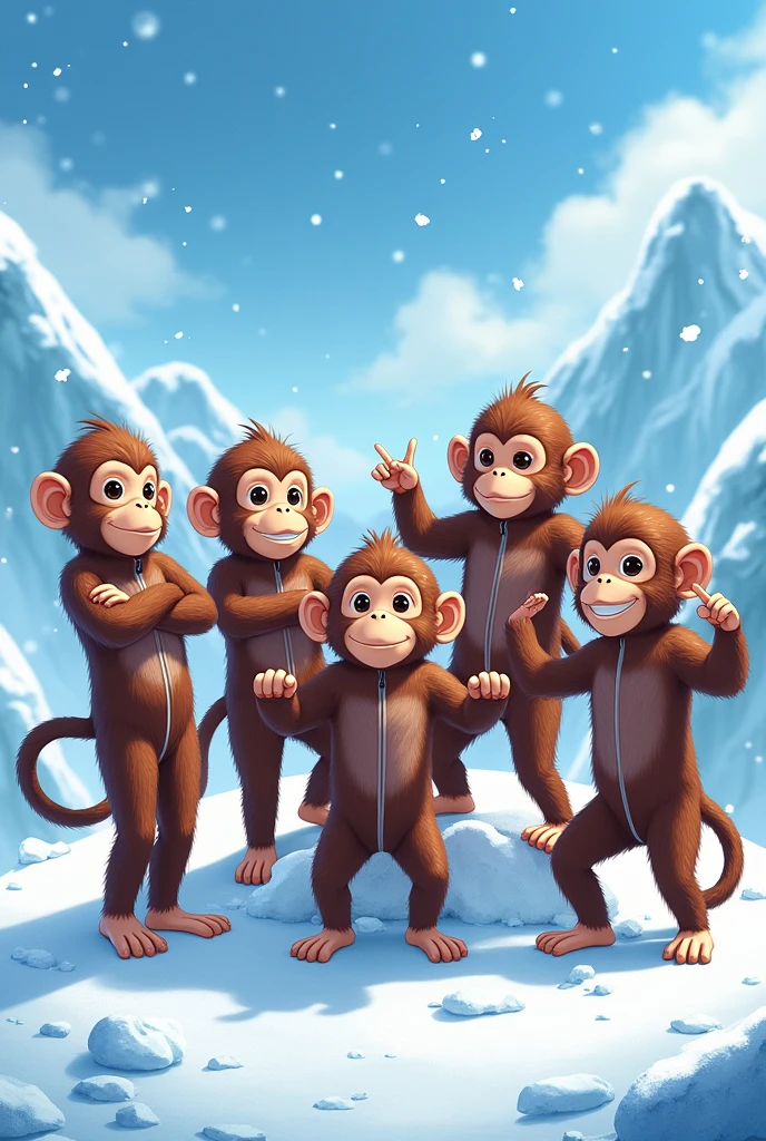 Make a picture of 4 female and 1 male monkeys. with brown fur and realistic anime design
Looking for the camera using cold suits, artic background. Each one doing different poses or different gestures